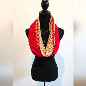 Red and Cream Crochet Infinity Scarf